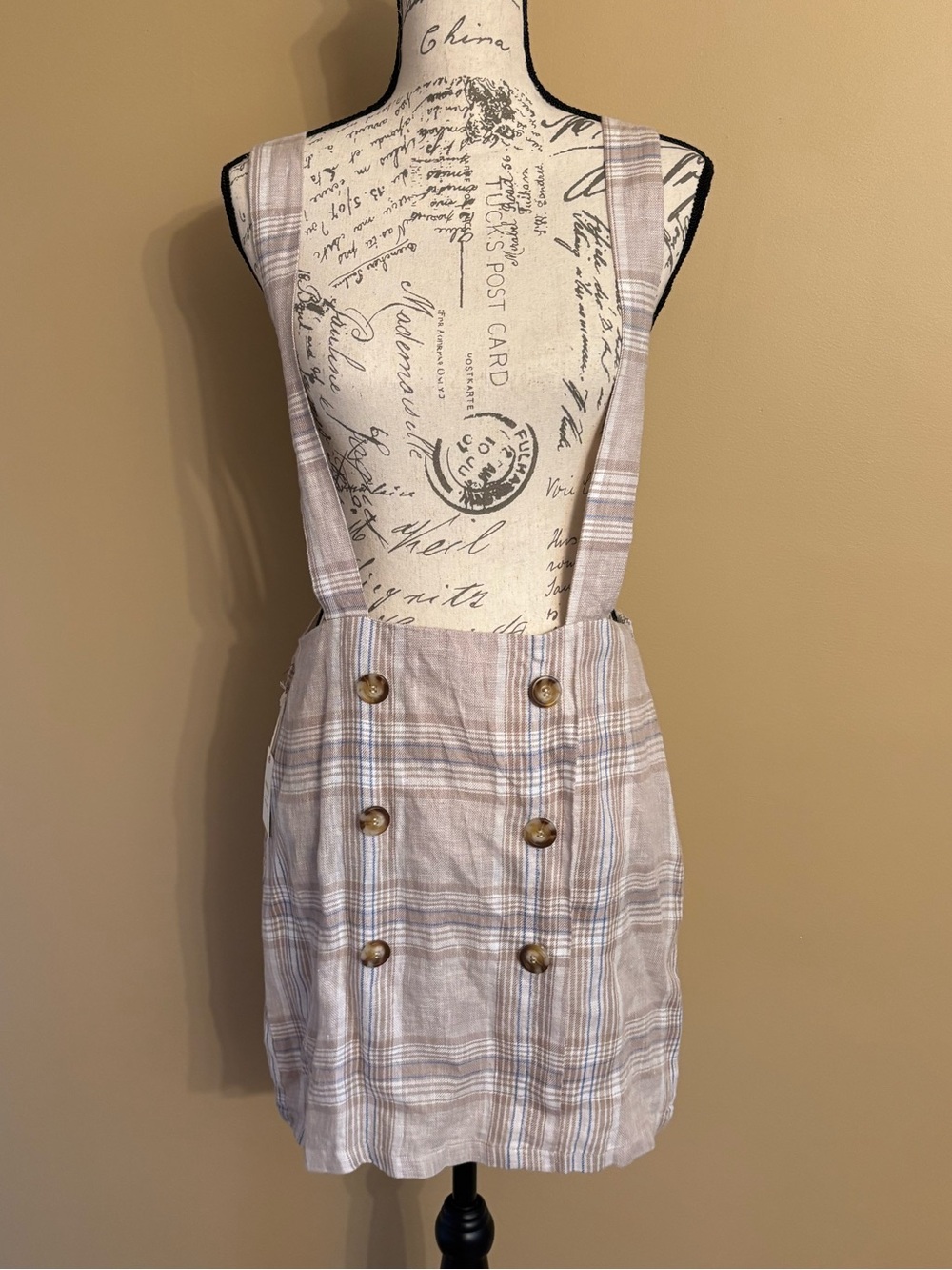 Forever 21 Beige and Cream Plaid Suspender Skirt